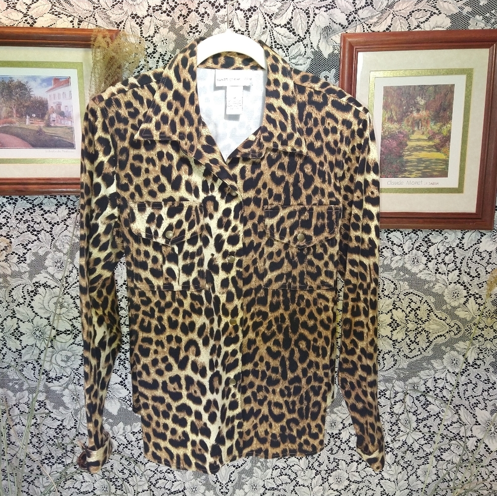 Susan Graver animal print button up lightweight jacket with shoulder pads